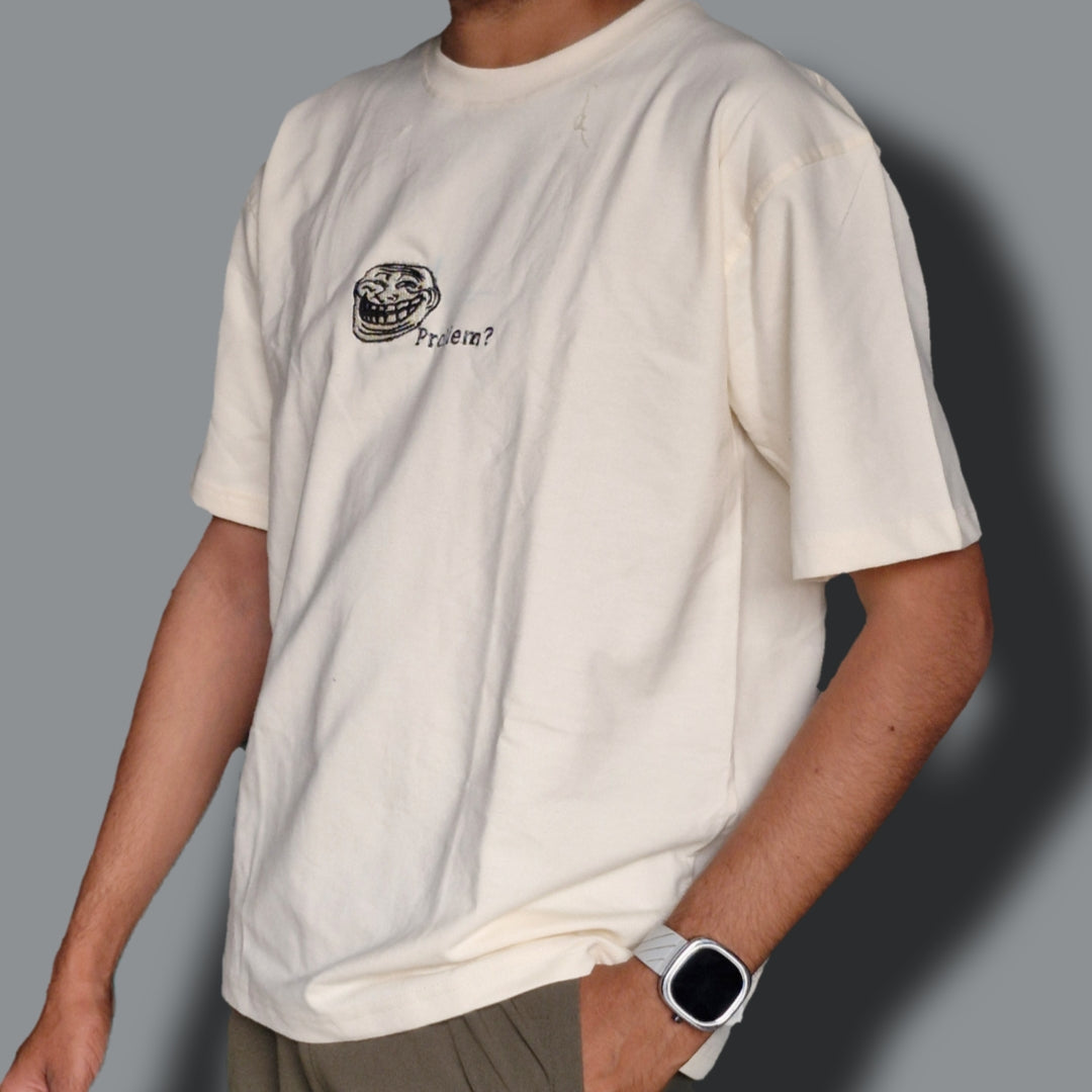 Trollface Embroiderd Oversized Off white colour Tshirt