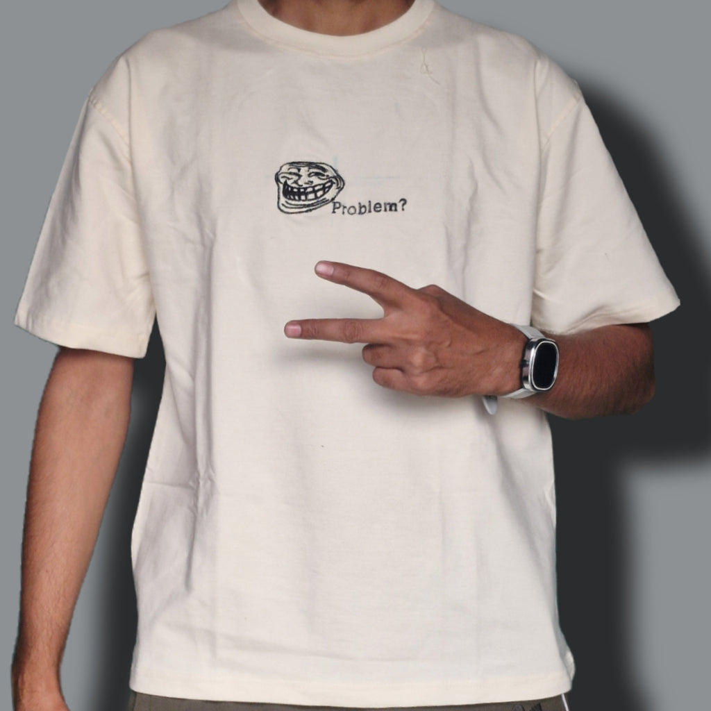 Trollface Embroiderd Oversized Off white colour Tshirt
