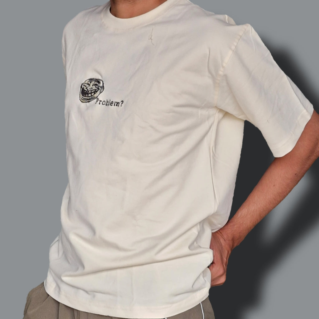 Trollface Embroiderd Oversized Off white colour Tshirt