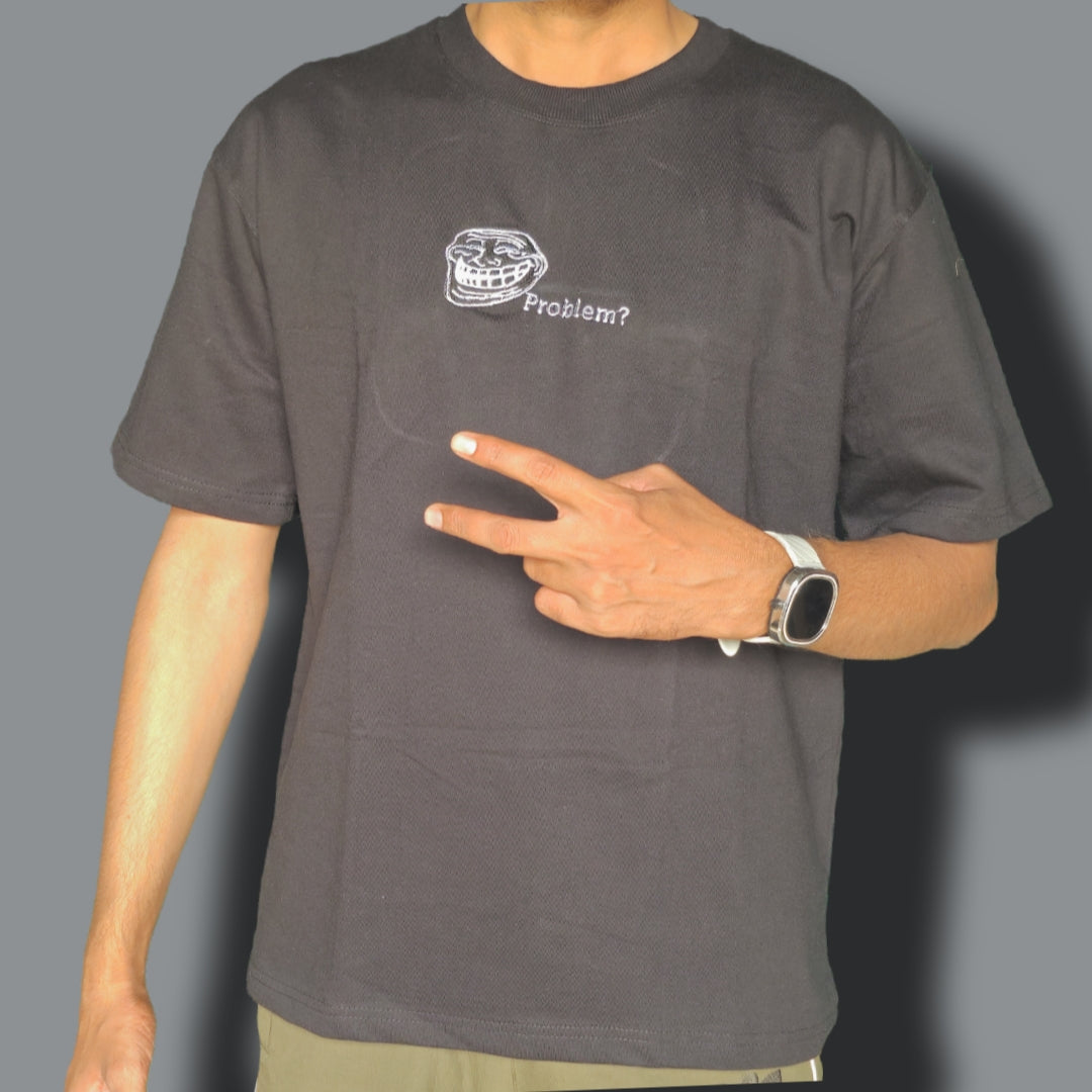 Trollface Embroiderd Oversized Black colour Tshirt
