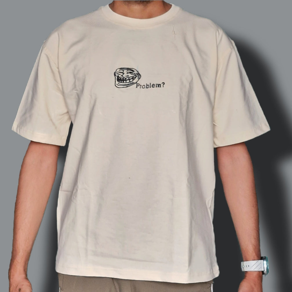 Trollface Embroiderd Oversized Off white colour Tshirt